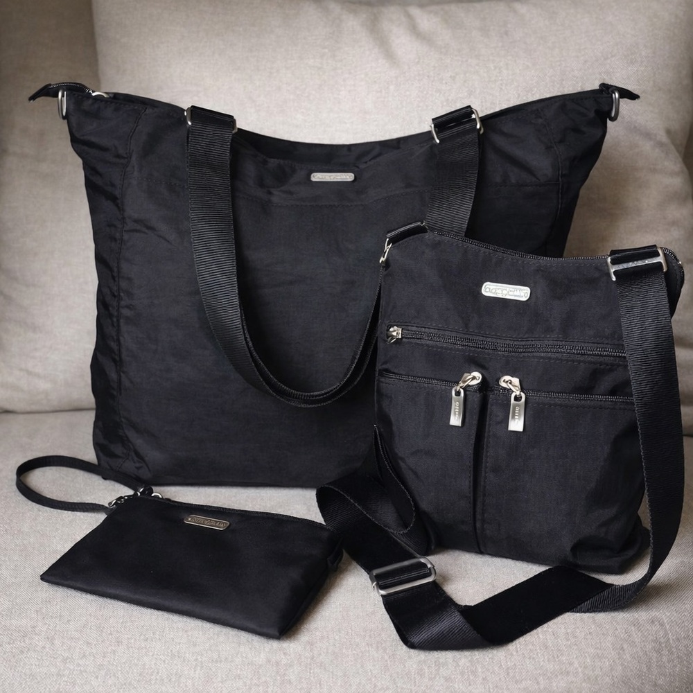 Baggallini 3PC Bundle Tote Crossbody Wristlet Travel Nylon Black